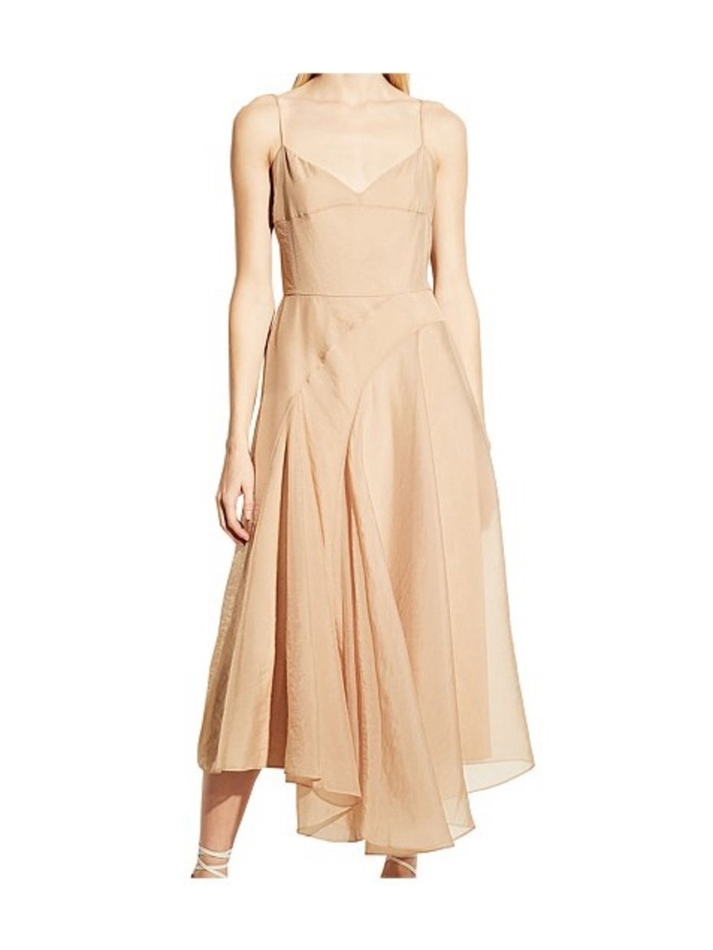 Vince Organza Poet Strap Paneled Nude-Beige Spaghetti Strap Midi Dress